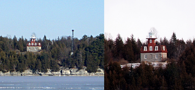 [Two images spliced together. The left image shows the lighthouse sitting amid the evergreens on a high part of the island with the top of the building just barely above the tree tops. The light is four stories tall in the middle of a two story house. The lowest level appears built of stone with the next two layers up appear to be red roofing material. The top level with the light is all white. The right image is just the lighthouse and the trees immediately surrounding it. The individual stones used to create the first level are visible.]